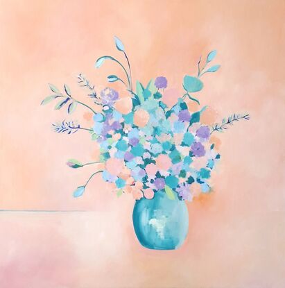 Bunch of flowers in pinks through to blues and turquoises, sitting in a vase,  still life, oil, Lucinda Leveille, original artwork, framed,