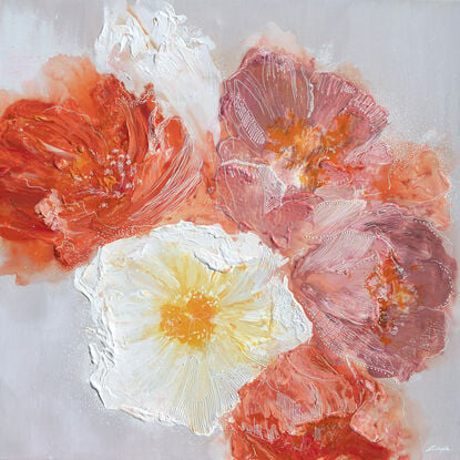 

Each brushstroke delicately portrays flowers on the verge of bloom, nourished by sunlight and water. The gentle transition from soft peach to vibrant orange hues mirrors the stages of growth, evoking a sense of optimism and renewal.

As the flowers reach full bloom, their warm tones fill the space with vitality and grace, symbolizing the beauty found in life's fleeting moments. "Flora Nova" invites viewers to embrace change as a catalyst for growth and resilience, celebrating the enduring spirit within.