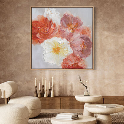 

Each brushstroke delicately portrays flowers on the verge of bloom, nourished by sunlight and water. The gentle transition from soft peach to vibrant orange hues mirrors the stages of growth, evoking a sense of optimism and renewal.

As the flowers reach full bloom, their warm tones fill the space with vitality and grace, symbolizing the beauty found in life's fleeting moments. "Flora Nova" invites viewers to embrace change as a catalyst for growth and resilience, celebrating the enduring spirit within.