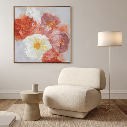 

Each brushstroke delicately portrays flowers on the verge of bloom, nourished by sunlight and water. The gentle transition from soft peach to vibrant orange hues mirrors the stages of growth, evoking a sense of optimism and renewal.

As the flowers reach full bloom, their warm tones fill the space with vitality and grace, symbolizing the beauty found in life's fleeting moments. "Flora Nova" invites viewers to embrace change as a catalyst for growth and resilience, celebrating the enduring spirit within.