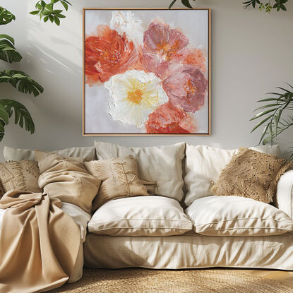 

Each brushstroke delicately portrays flowers on the verge of bloom, nourished by sunlight and water. The gentle transition from soft peach to vibrant orange hues mirrors the stages of growth, evoking a sense of optimism and renewal.

As the flowers reach full bloom, their warm tones fill the space with vitality and grace, symbolizing the beauty found in life's fleeting moments. "Flora Nova" invites viewers to embrace change as a catalyst for growth and resilience, celebrating the enduring spirit within.