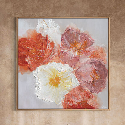 

Each brushstroke delicately portrays flowers on the verge of bloom, nourished by sunlight and water. The gentle transition from soft peach to vibrant orange hues mirrors the stages of growth, evoking a sense of optimism and renewal.

As the flowers reach full bloom, their warm tones fill the space with vitality and grace, symbolizing the beauty found in life's fleeting moments. "Flora Nova" invites viewers to embrace change as a catalyst for growth and resilience, celebrating the enduring spirit within.