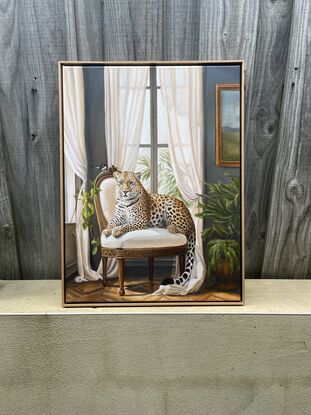 Painting of an elegant interior featuring a leopard and a bird