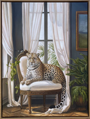 Painting of an elegant interior featuring a leopard and a bird