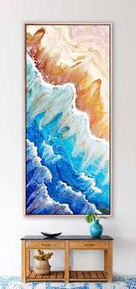 large painting in abstract of aerial of beach with white foam from waves coming into shore. The ocean is gorgeous turquoise waters, aquamarine and sparkeles like real water in the sunlight. Canwaves! almost hear the steady flow of the 