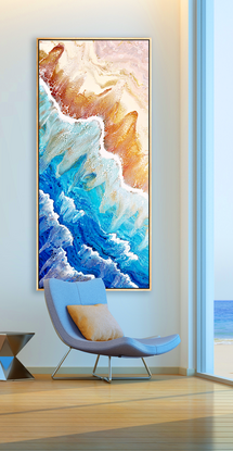 large painting in abstract of aerial of beach with white foam from waves coming into shore. The ocean is gorgeous turquoise waters, aquamarine and sparkeles like real water in the sunlight. Canwaves! almost hear the steady flow of the 