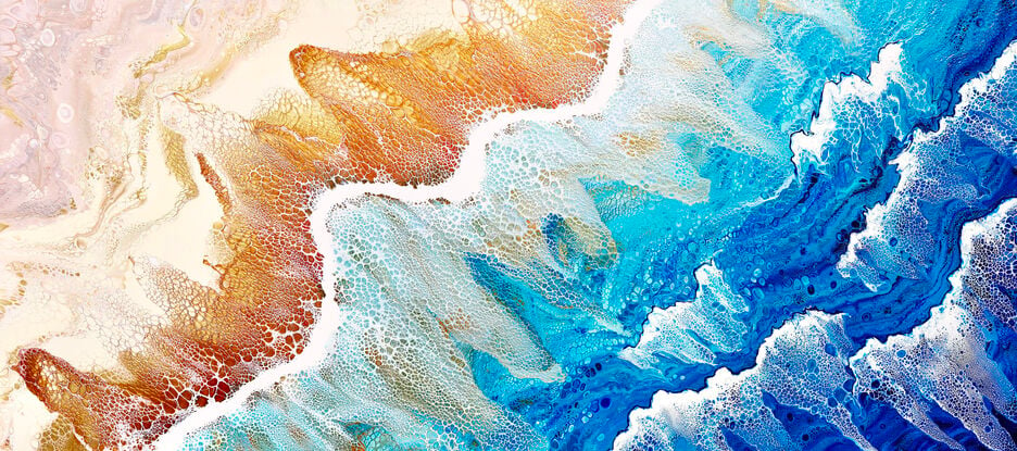 large painting in abstract of aerial of beach with white foam from waves coming into shore. The ocean is gorgeous turquoise waters, aquamarine and sparkeles like real water in the sunlight