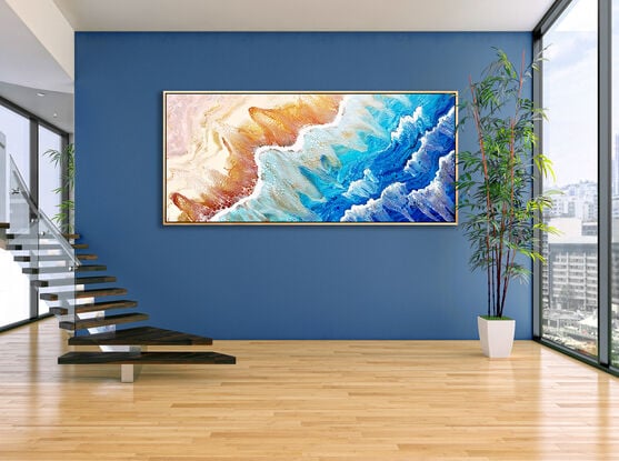 large painting in abstract of aerial of beach with white foam from waves coming into shore. The ocean is gorgeous turquoise waters, aquamarine and sparkeles like real water in the sunlight