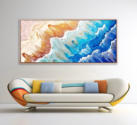 large painting in abstract of aerial of beach with white foam from waves coming into shore. The ocean is gorgeous turquoise waters, aquamarine and sparkeles like real water in the sunlight