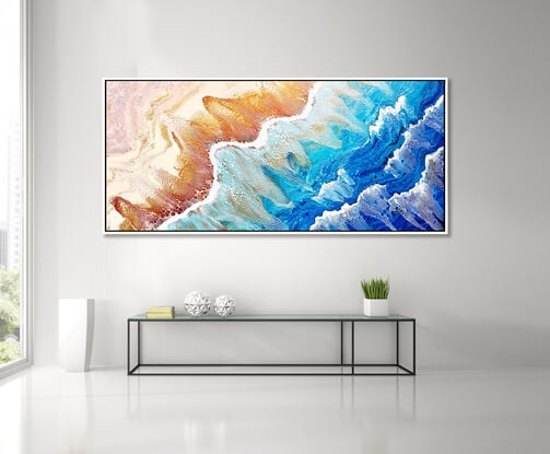 large painting in abstract of aerial of beach with white foam from waves coming into shore. The ocean is gorgeous turquoise waters, aquamarine and sparkeles like real water in the sunlight. Canwaves! almost hear the steady flow of the 