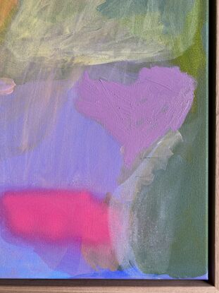 Layers of colours with aerosol and pigment sticks for texture. Framed in Flooded gum.
