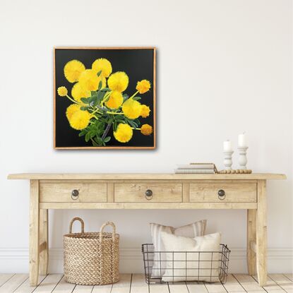 A botanical painting of vibrant yellow puffball flowers against a dark background. The wattle 
 flowers are arranged in clusters with soft, feathery petals, highlighted by the contrast with their green leaves and stems. The dark, moody background enhances the brilliance of the yellow blooms, creating a striking and radiant composition.






