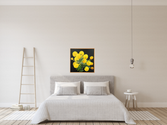 A botanical painting of vibrant yellow puffball flowers against a dark background. The wattle 
 flowers are arranged in clusters with soft, feathery petals, highlighted by the contrast with their green leaves and stems. The dark, moody background enhances the brilliance of the yellow blooms, creating a striking and radiant composition.






