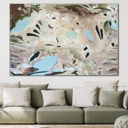 Large abstract painting in light blue and natural colours