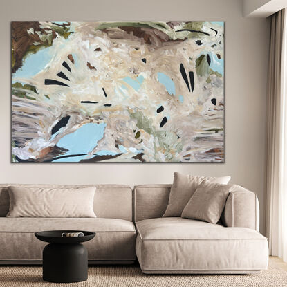 Large abstract painting in light blue and natural colours