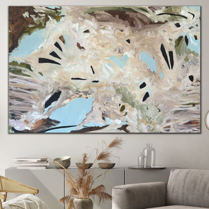 Large abstract painting in light blue and natural colours