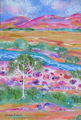 Colourful hills, sky, river and trees.