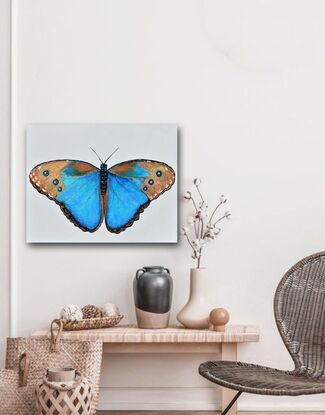 Palette knife oil painting of a Blue Morpho Butterfly on an off white background. This colourful insect is ready to hang and arrives with a certificate of authenticity.