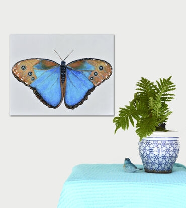 Palette knife oil painting of a Blue Morpho Butterfly on an off white background. This colourful insect is ready to hang and arrives with a certificate of authenticity.