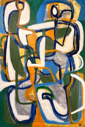 abstract expressive style of two entwined figures in greens, white, orange, ochre yellows, grey, dark blue.