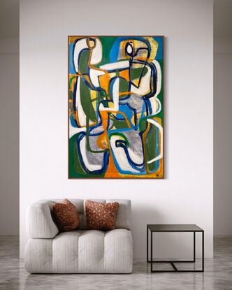 abstract expressive style of two entwined figures in greens, white, orange, ochre yellows, grey, dark blue.