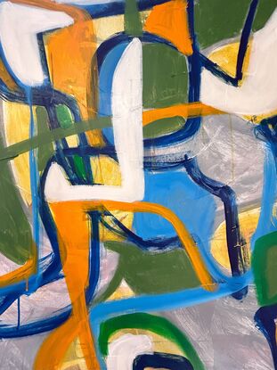 abstract expressive style of two entwined figures in greens, white, orange, ochre yellows, grey, dark blue.