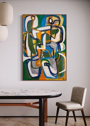 abstract expressive style of two entwined figures in greens, white, orange, ochre yellows, grey, dark blue.