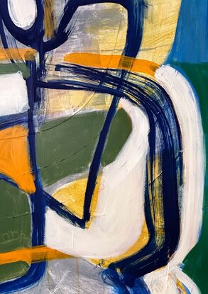 abstract expressive style of two entwined figures in greens, white, orange, ochre yellows, grey, dark blue.