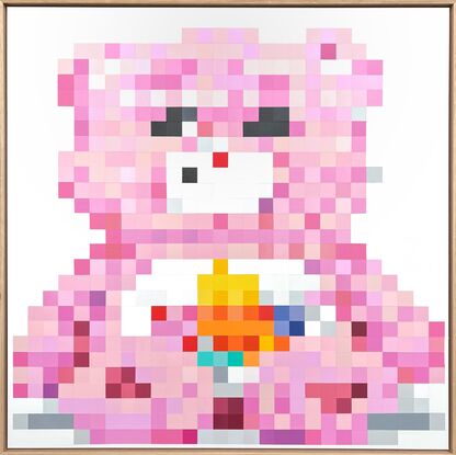 Pink/Purple pixelated teddy bear sitting on a white background