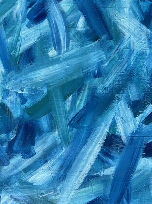 abstract art of large blue green brushstrokes floating across a wood board 