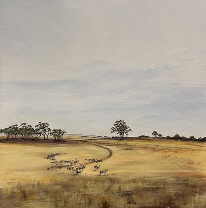 Gold and peach colours - sheep wandering in the grasses with rolling hills 