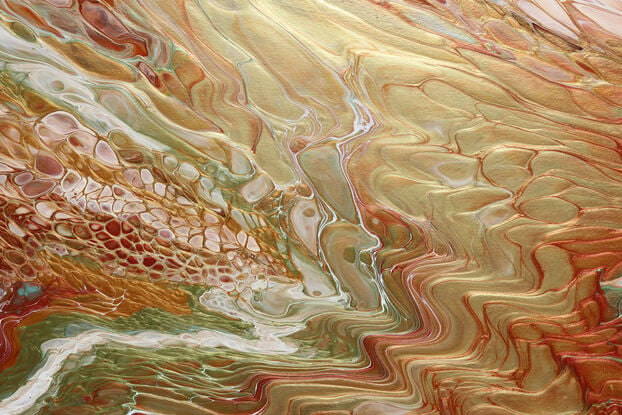 ABSTRACT painting of flowing colours: golds, light golds, ochre, chocolate, royal purple, pink, beige and cheeky hints of olive green
It has incredible depth while evoking a feeling of peace!
The closer you get to the painting the more of the interesting details and patterns you can see. Metallics add an extra depth because the painting changes personality when one views from different angles. The sage green adds an extra strip of class. it fits in to almost any type of room and on any colour wall.