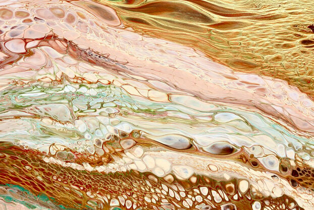 ABSTRACT painting of flowing colours: golds, light golds, ochre, chocolate, royal purple, pink, beige and cheeky hints of olive green
It has incredible depth while evoking a feeling of peace!
The closer you get to the painting the more of the interesting details and patterns you can see. Metallics add an extra depth because the painting changes personality when one views from different angles. The sage green adds an extra strip of class. it fits in to almost any type of room and on any colour wall.