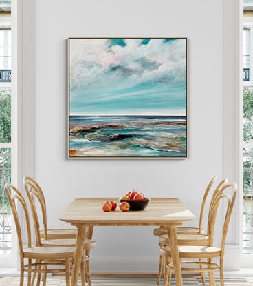 Echoes of the Shore is an abstract seascape painting with rich texture and a sweeping cloudy sky.