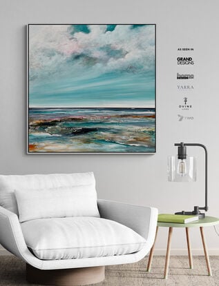 Echoes of the Shore is an abstract seascape painting with rich texture and a sweeping cloudy sky.