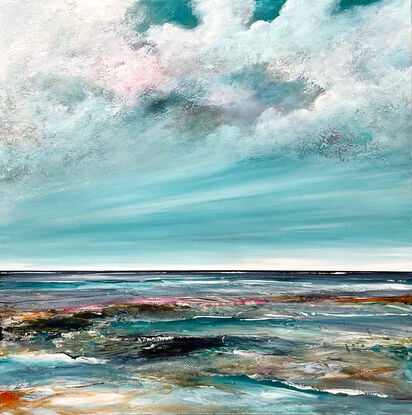 Echoes of the Shore is an abstract seascape painting with rich texture and a sweeping cloudy sky.