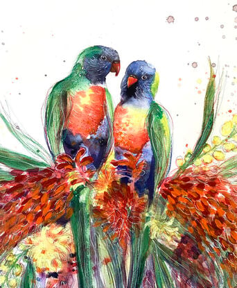 Two rainbow lorikeets sitting with Australian bush flowers