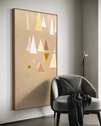 Large abstract of textured acrylic paint on a weathered ground of earthy warm beige brown with pops of blush and off-white tones.