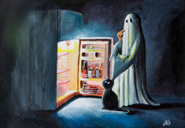 a ghost and a dead cat looking into a fridge