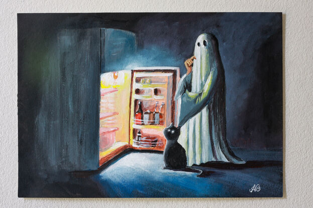 a ghost and a dead cat looking into a fridge