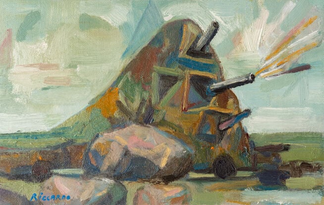 An imaginative painting of a travelling landscape on wheels firing canons.