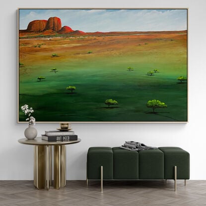 Dusks Serene Embrace by Tania Chanter  is a textured abstract landscape that captures the tranquil warmth of an evening scene in rich green and ochre tones with a mountain ridge along the horizon.