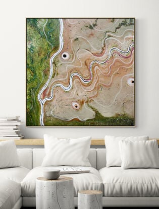 The North East Plains is a textured aerial landscape painting with river meandering across the canvas and a dense forest covering part of the countryside. 