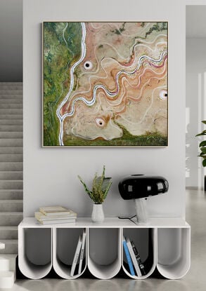 The North East Plains is a textured aerial landscape painting with river meandering across the canvas and a dense forest covering part of the countryside. 