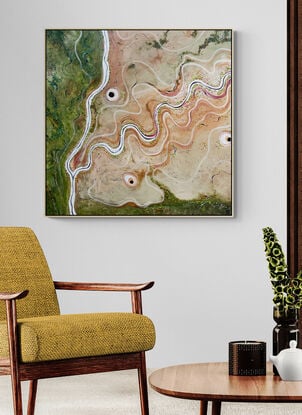 The North East Plains is a textured aerial landscape painting with river meandering across the canvas and a dense forest covering part of the countryside. 