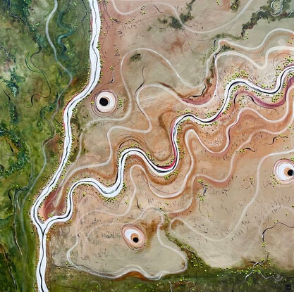 The North East Plains is a textured aerial landscape painting with river meandering across the canvas and a dense forest covering part of the countryside. 