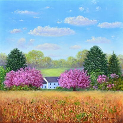 Landscape painting with blooming cherry trees and a white country house at the edge of an old meadow