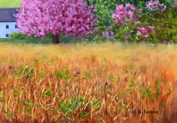 Landscape painting with blooming cherry trees and a white country house at the edge of an old meadow