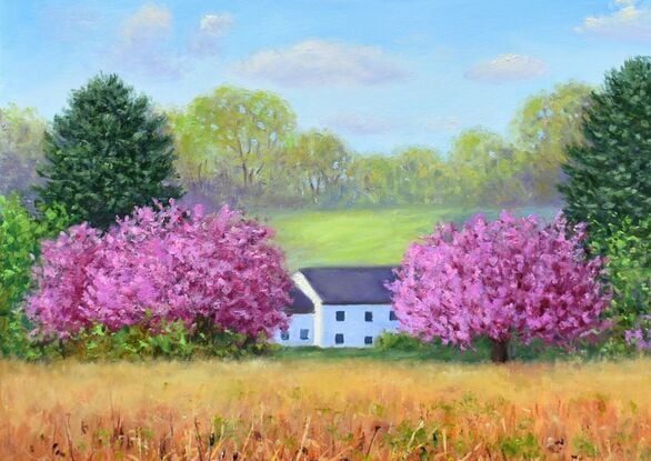 Landscape painting with blooming cherry trees and a white country house at the edge of an old meadow