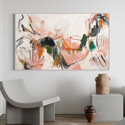 neutral and subtle pinks and apricot, orange tones blended with areas of blush, sage, grey, white and black expressive marks across an extra large canvas